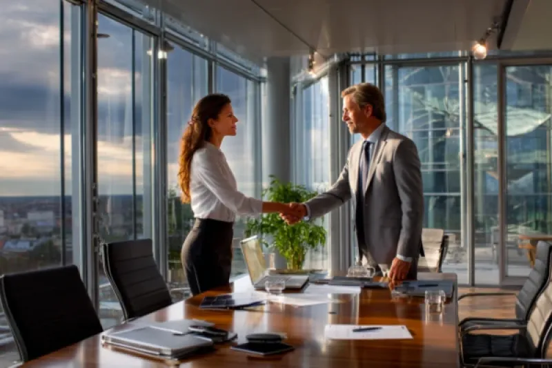 eine Geschäftsfrau und ein Geschäftsmann begrüßen sich in einem modernen Büro