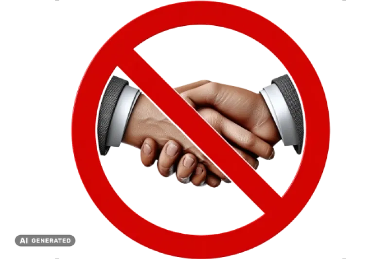 Ein Schild wie ein Verkehrsschild: Handschlag verboten