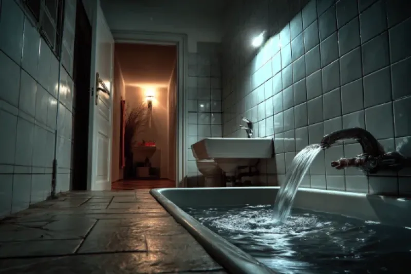 Badewanne in nächtlichem Badezimmer, spärliche Beleuchtung, laufender Wasserhahn