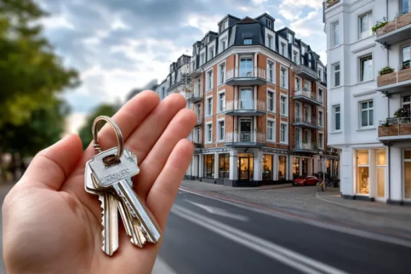 Eine Hand hält Wohnungsschlüssel, im Hintergrund ein Wohngebäude