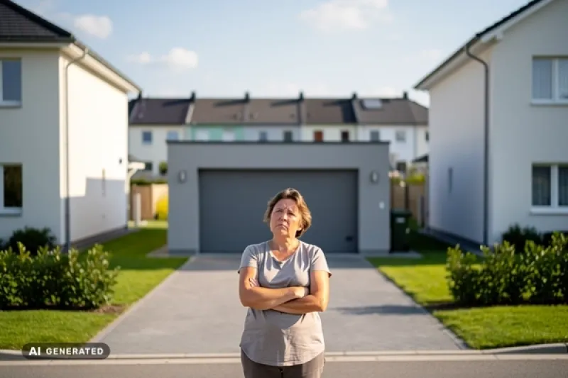 Frau steht mit verschränkten Armen vor einer Garage zwischen zwei Mehrfamilienhäusern
