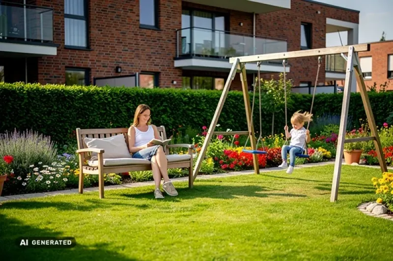 Junge Mutter sitzt auf einer Gartenbank und schaut ihrem Kind beim schaukeln zu