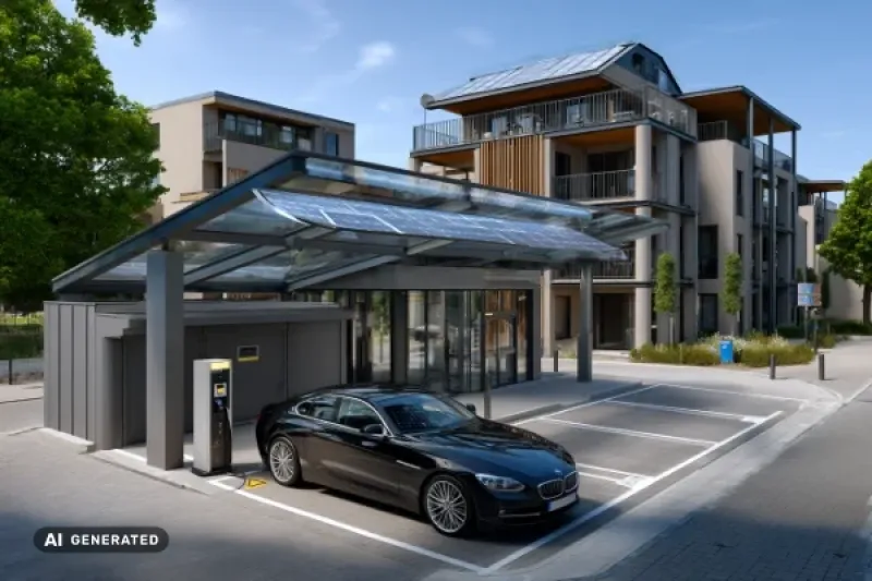 moderner Wohnkomplex, im Vordergrund ein Car-Port auf dem ein Luxuswagen steht
