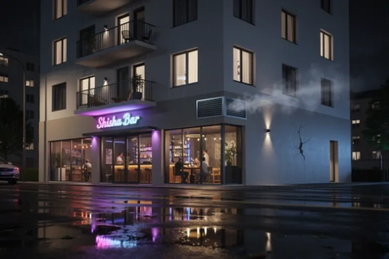 Mehrfamilienhaus im Abendlicht mit einer Shisha-Bar im Erdgeschoss