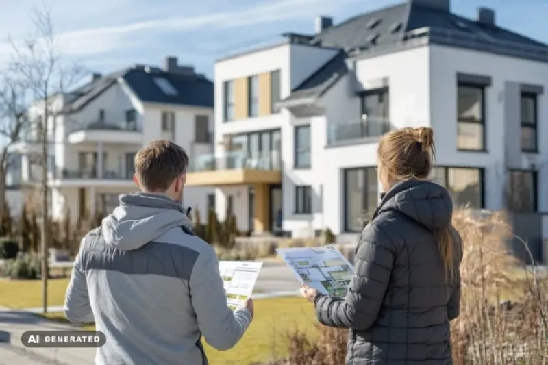 Ein Mann und eine Frau halten Baupläne in der Hand. Im Hintergrund zwei Mehrfamilienhäuser.