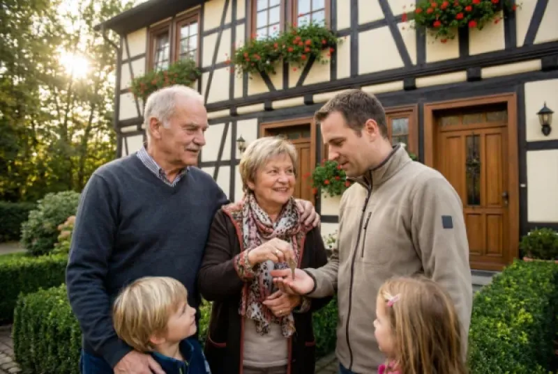 Familie aus Großeltern, Vater und Kinder stehen vor ihrem Elternhaus