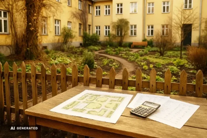 Blick auf einen Innenhof einer Wohnanlage, in dem sowohl alte als auch neue Pflanzen zu sehen sind. Im Vordergrund steht ein Holzzaun (Staketenzaun). Auf einem Tisch liegen Baupläne, ein Taschenrechner und mehrere Dokumente mit Kostenaufstellungen.