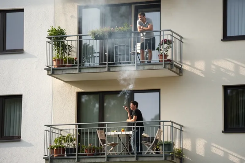 Mehrfamilienhaus mit Balkonen, von einem unteren Balkon steigt Zigarettenrauch nach oben