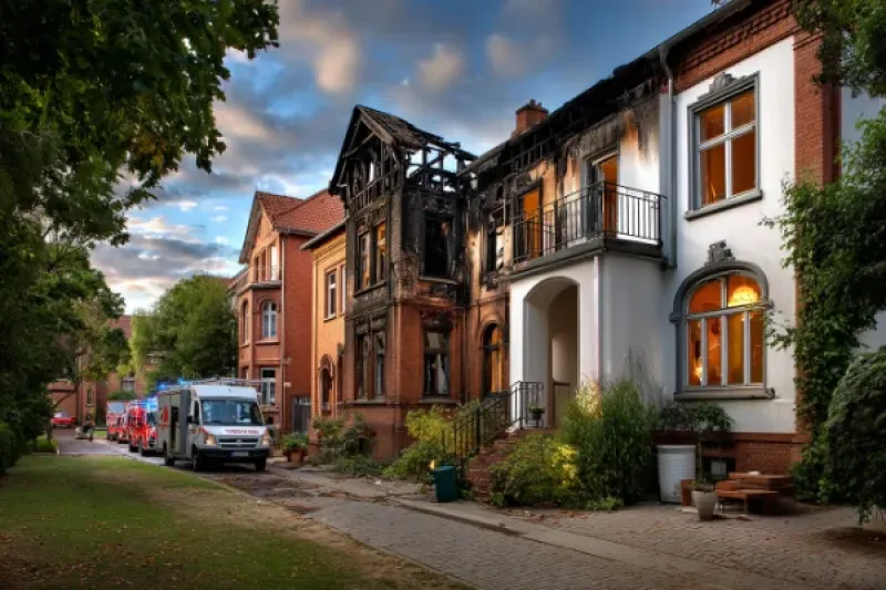 typische deutsche Wohnstraße, zwei Häuser sind durch einen Brand beschädigt