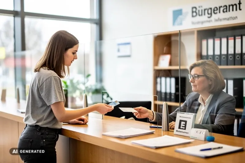 Junge Frau übergibt in einem Bürgerbüro ihren Ausweis einer Beamtin