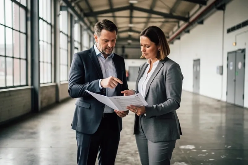 Ein Mann und eine Frau stehen in einer leeren Gewerbehalle und sprechen über Unterlagen, die beide halten.