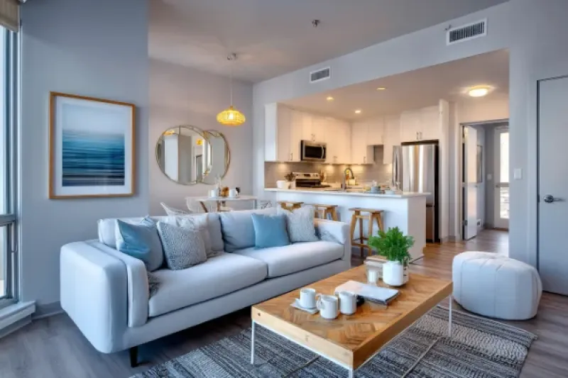 Modernes Apartment eingerichtet mit einem Sofa und einer Einbauküche