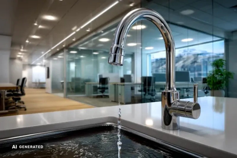 tropfender Wasserhahn über einer Spüle, im Hintergrund eine Büroumgebung