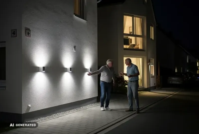Zwei Nachbarn stehen neben einer helle Außenbeleuchtung an einem Haus