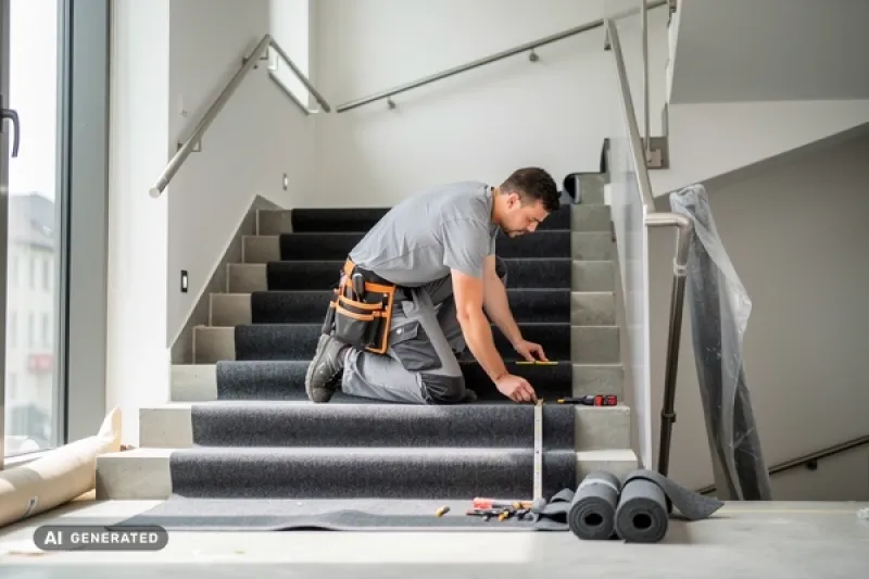 Handwerker verlegt im Treppenhaus einen neuen Teppichboden