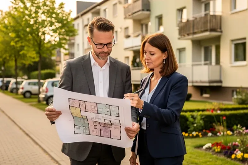 eine Notarin steht mit einem Architekten vor einem Mehrfamilienhaus und diskutiert mit ihm über Grundrisspläne