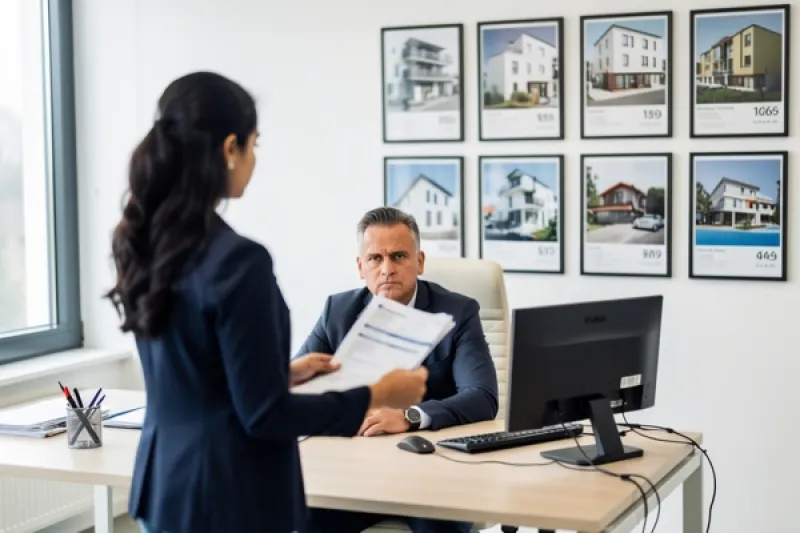 Junge Frau steht mit Unterlagen vor einem Immobilienmakler