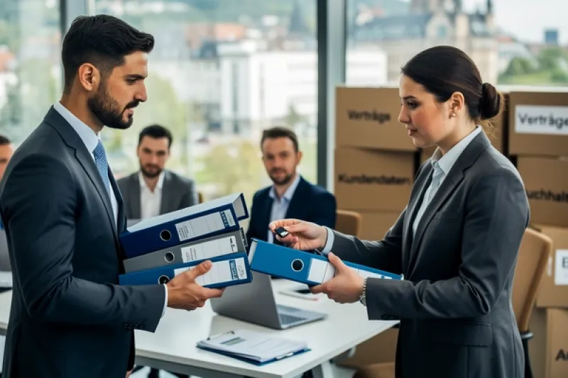 Aktenübergabe zwischen Geschäftsleuten in einem Büro