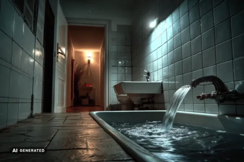 Badewanne in nächtlichem Badezimmer, spärliche Beleuchtung, laufender Wasserhahn