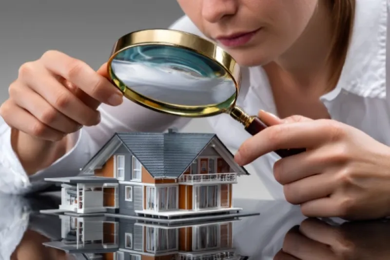 Frau schaut durch eine Lupe auf ein kleines Modellhaus