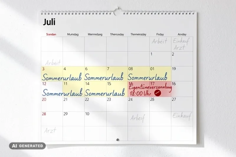Kalender mit einem Urlaubseintrag und einem Termin während des Urlaubs