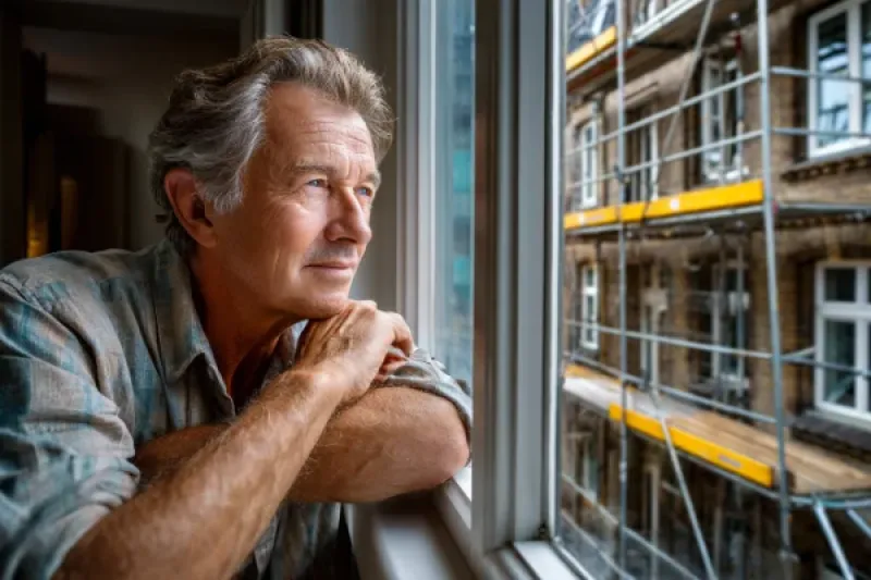 alter Mann sitzt am Fenster und schaut auf eine Baustelle vor seinem Haus