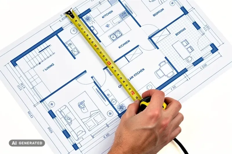 Eine Hand vermisst auf einem Grundflächenplan die Wohnungsgröße