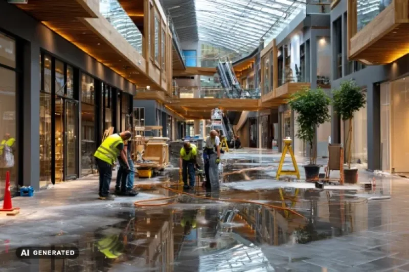 Einkaufzentrum von innen, Arbeiter beseitigen einen Wasserschaden