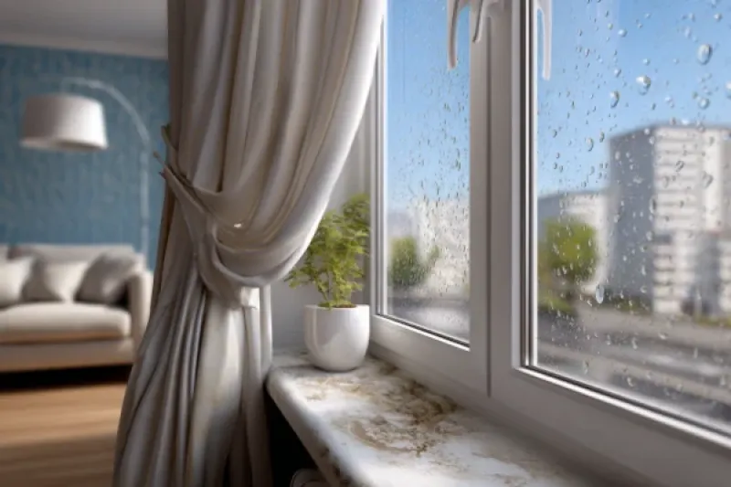 Fenster einer modernen Wohnung mit Wassertropfen auf der Scheibe und Fensterbank mit Schimmel