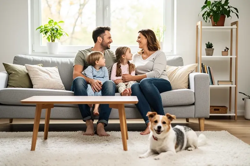 Familie mit Hund im Wohnzimmer