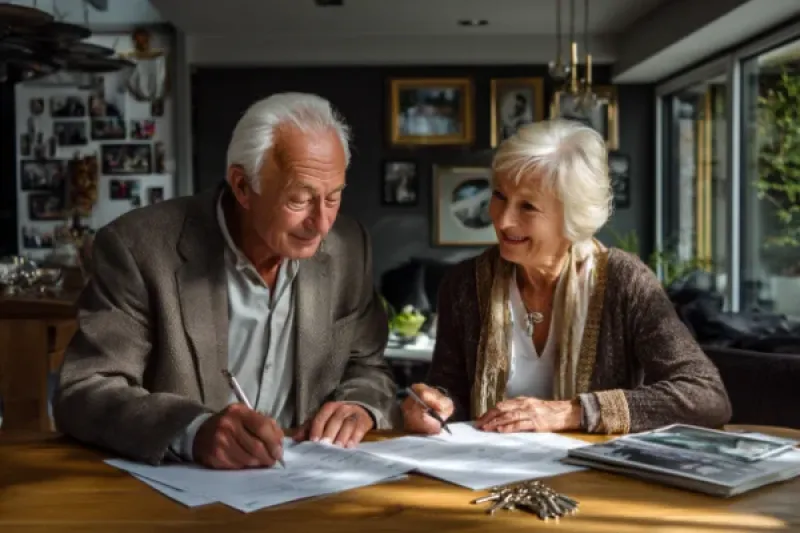 Älteres Paar sitzt am Küchentisch und liest in Unterlagen