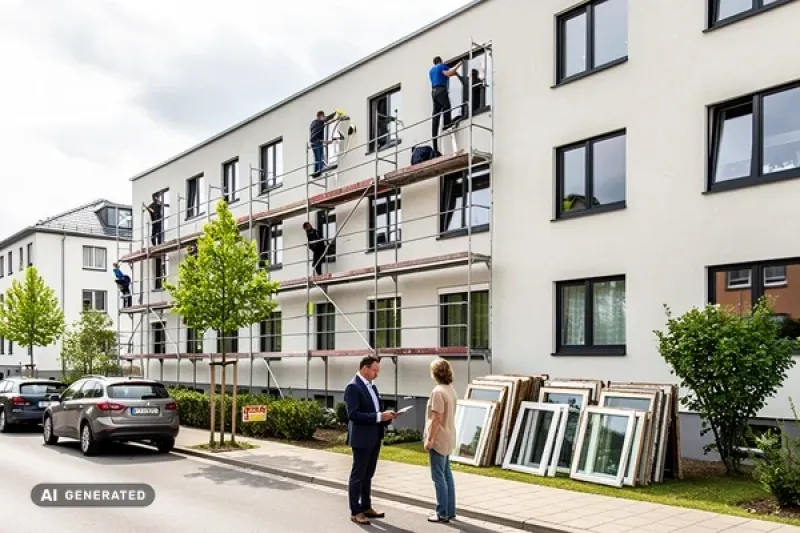 Mehrfamilienhaus eingerüstet für Fenstererneuerung, zwei Eigentümer stehen vor dem Haus