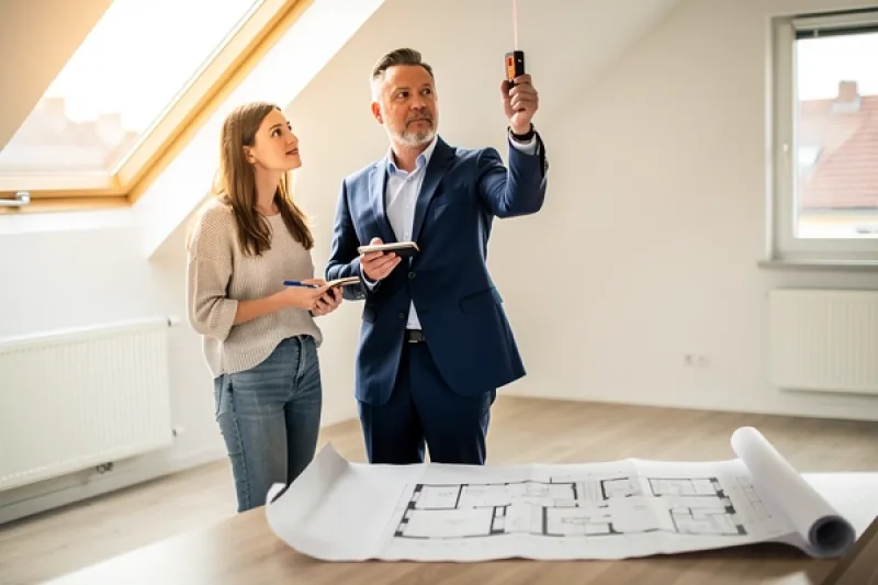 Makler führt mit einer Kundin eine Flächenvermessung einer Dachgeschosswohnung durch