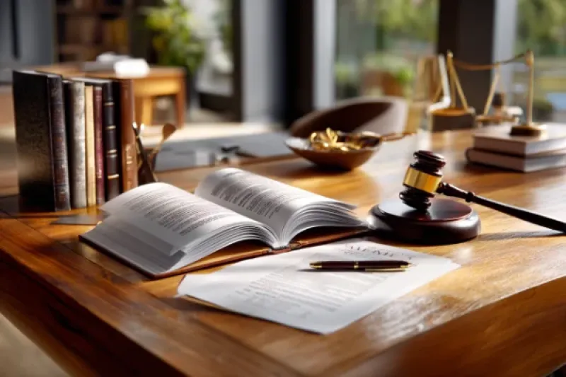 Holzschreibtisch mit Büchern und Unterlagen und einem Richterhammer