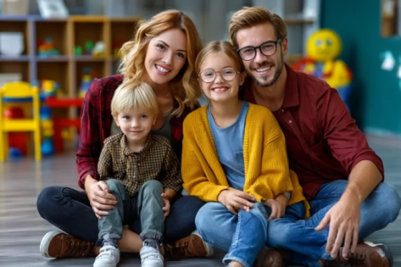 Junge Familien, Eltern mit einem Mädchen und einem Jungen sitzen gemeinsam in einem Spielzimmer
