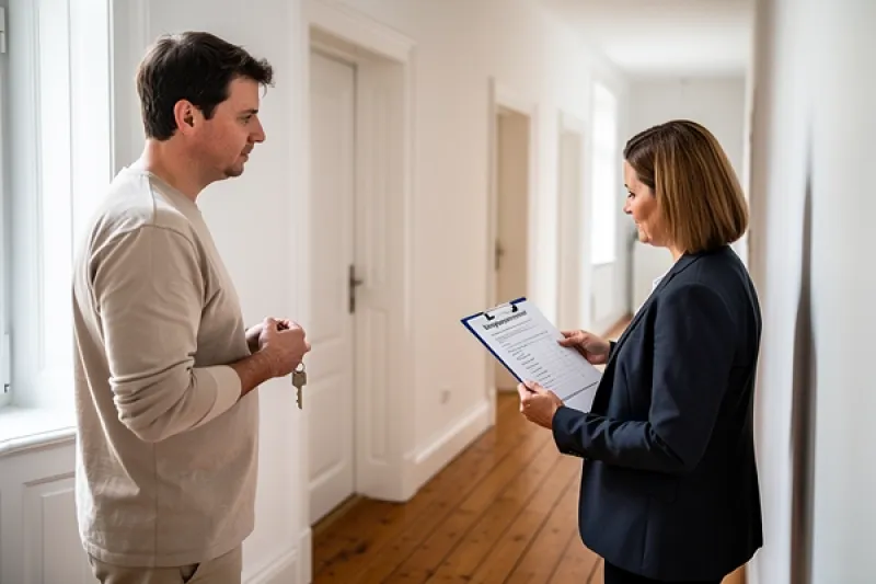 Ein Mieter und eine Vermieterin stehen im hellen Flur einer sanierten deutschen Altbauwohnung und besichtigen gemeinsam den Zustand der Wände bei der Wohnungsübergabe