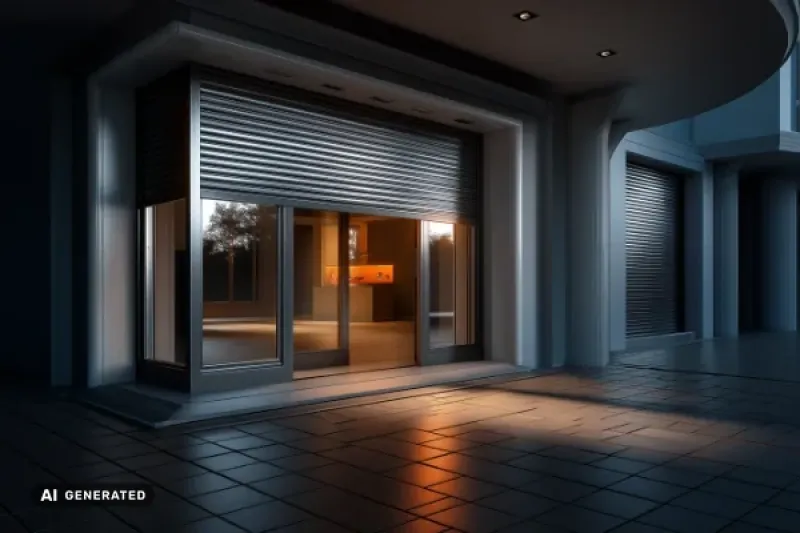 modernes apartment mit terasse und halb heruntergelassener Rollade