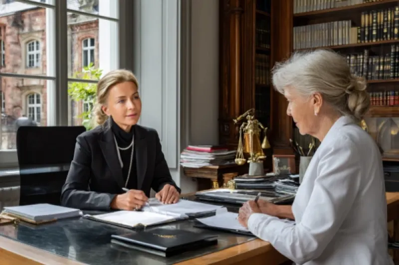 Ältere Dame sitzt mit einer Notarin am Schreibtisch