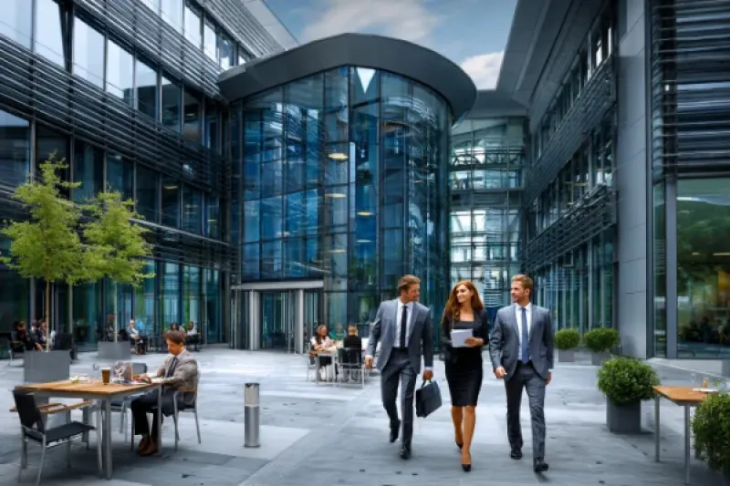 moderne Bürogebäude, im Vordergrund Tische einer Gastronomie, zwei Männer und ein Frau in Businesskleidung in der Bildmitte