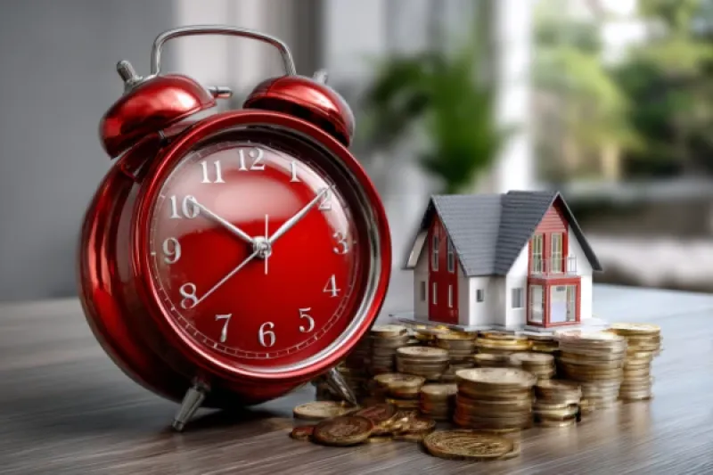 Symbolbild: Wecker mit einem kleinen Modellhaus und Münzen auf einem Tisch