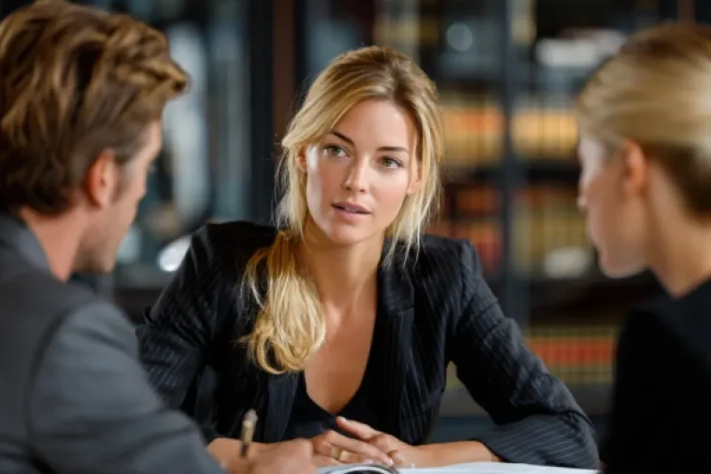 Junge Frau sitzt zwei Anwälten gegenüber