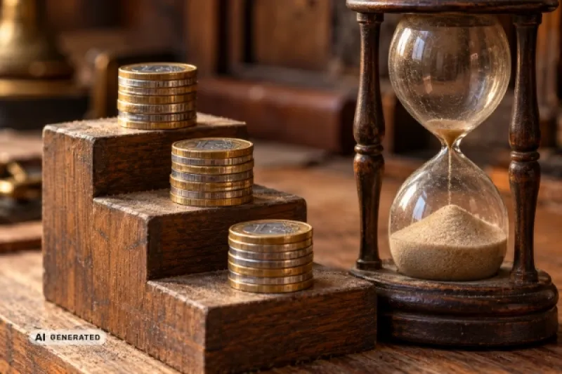 Eine kleine Holztreppe mit drei Stufen in Nahaufnahme, auf jeder Stufe ein gleich hoher Stapel Euro-Münzen, daneben eine alte Sanduhr.