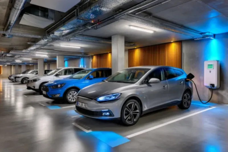 Auto ist in einer Tiefgarage an einer Wallbox angeschlossen