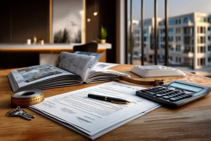 Holzschreibtisch in einer modern eingerichtete Wohnung mit Unterlagen, Maßband und einem Taschenrechner darauf