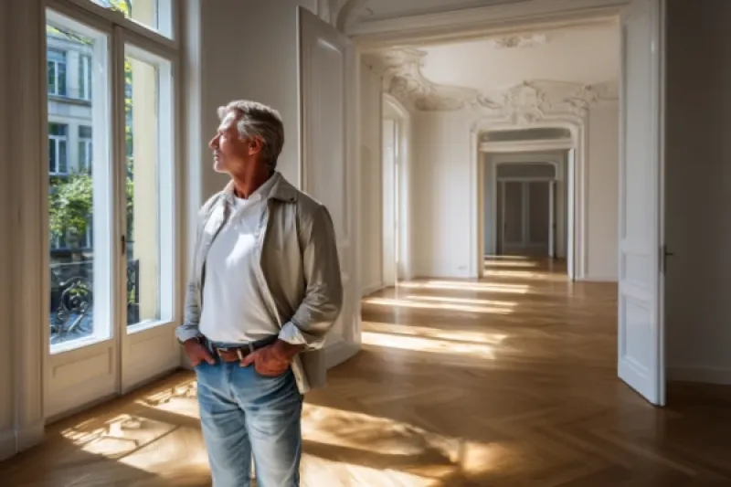 Mann steht allein in einer sehr großen Wohnung