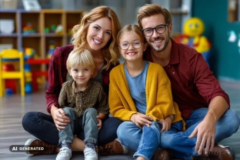 Junge Familie mit zwei Kindern im Kinderzimmer