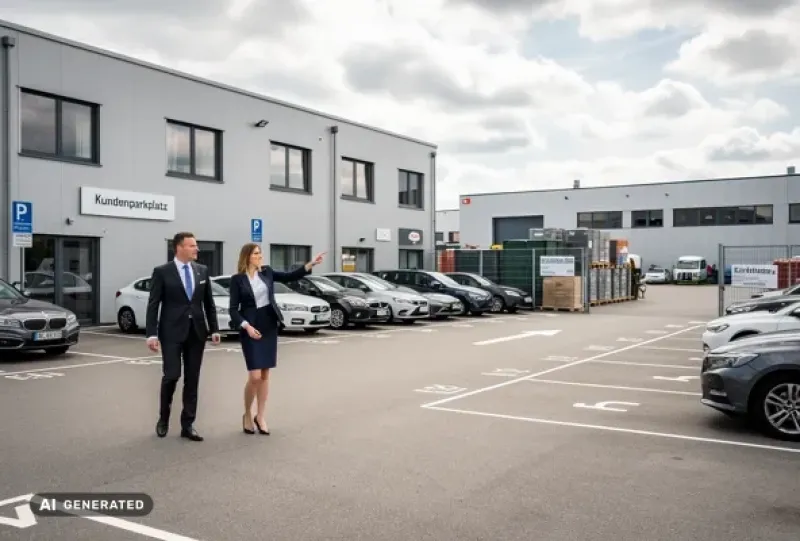 Ein Mann und eine Frau laufen über den Parkplatz eines Gewerbegeländes