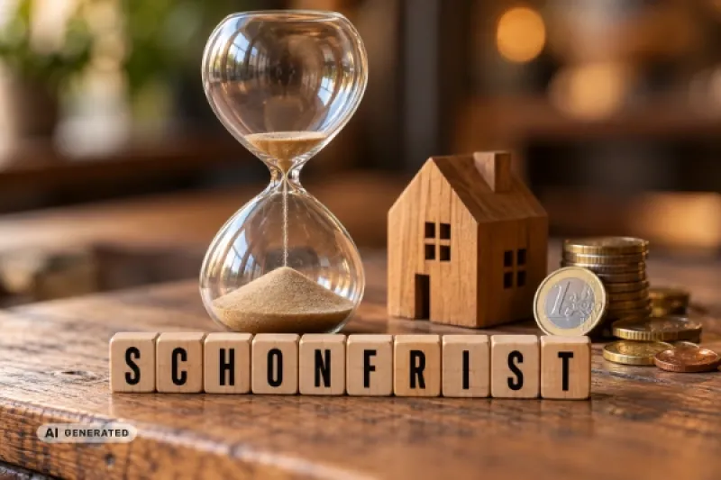 Eine Sanduhr, deren Sand fast vollständig durchgelaufen ist, steht auf einem Holztisch neben einem kleinen Holzhaus und einigen Euro-Münzen.