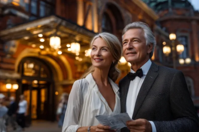 Paar in Abendkleidung steht vor einem Kulturgebäude