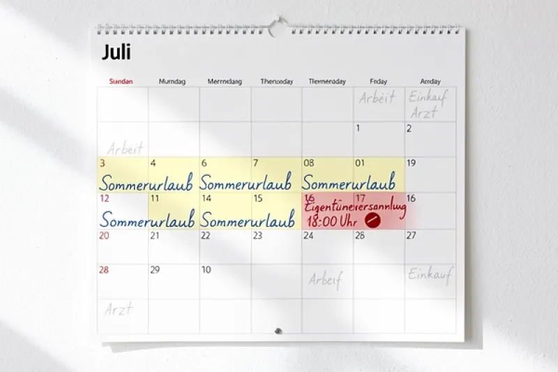 Kalender mit einem Urlaubseintrag und einem Termin während des Urlaubs